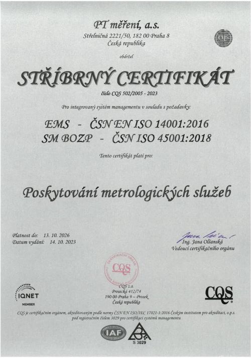 Stříbrný certifikát_poskytování metrologických služeb